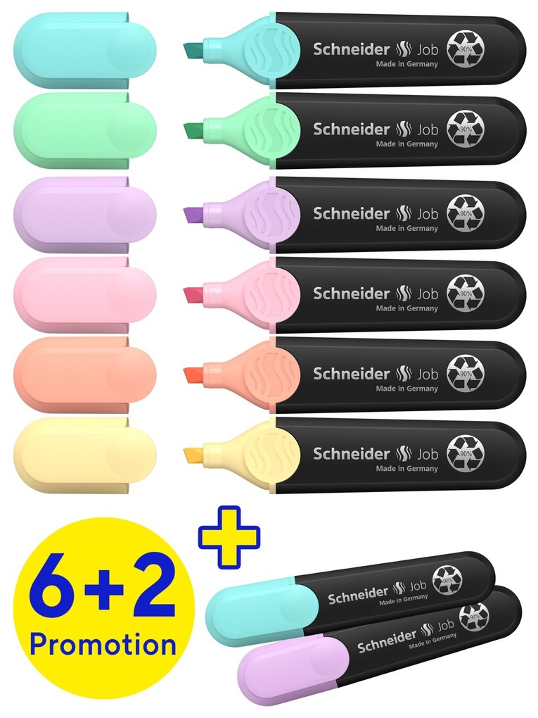 Schneider Textmarker Job Aktion 6+2 Karton-Etui pastell 8er Set