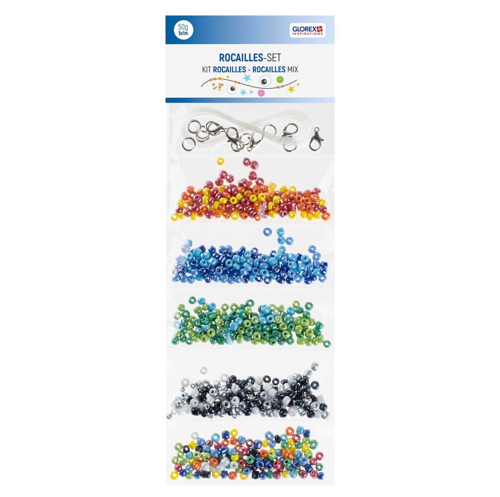 Rocailles-Set 45m mit Kordel und Verschlüssen 5-fach sort.