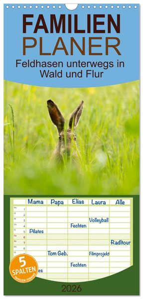 Familienplaner 2026 - Feldhasen unterwegs in Wald und Flur mit 5 Spalten (Wandkalender 21 x 45 cm) CALVENDO