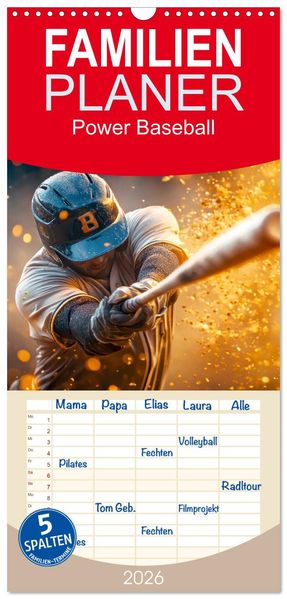 Familienplaner 2026 - Power Baseball mit 5 Spalten (Wandkalender 21 x 45 cm) CALVENDO