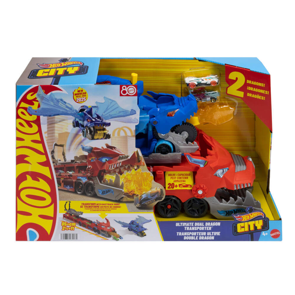 Hot Wheels City ultimativer 2-in-1 Drachentransporter und 2 Spielzeugautos im Maßstab 1:64