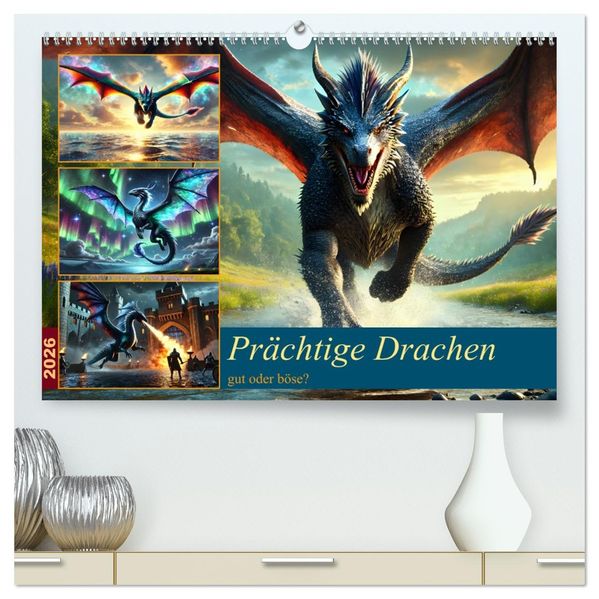 Prächtige Drachen gut oder böse? (hochwertiger Premium Wandkalender 2026 DIN A2 quer) Kunstdruck in Hochglanz