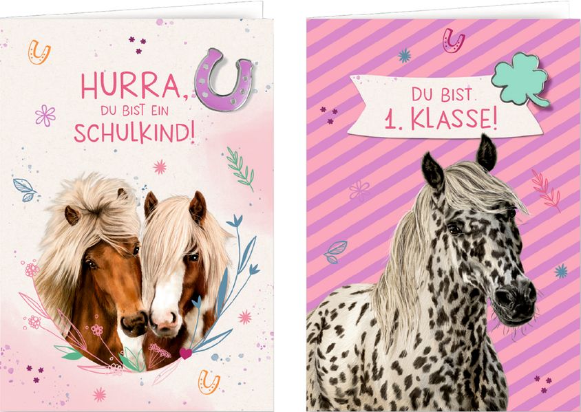 Grußkarte mit Wegbegleiter-Pin - Du bist 1. Klasse! / Hurra du bist ein Schulkind!