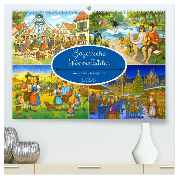 Bayrische Wimmelbilder - Wo Heimat lebendig wird (hochwertiger Premium Wandkalender 2026 DIN A2 quer) Kunstdruck in Hochglanz
