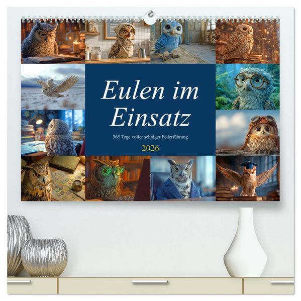 Eulen im Einsatz - 365 Tage voller schräger Federführung (hochwertiger Premium Wandkalender 2026 DIN A2 quer) Kunstdruck in Hochglanz