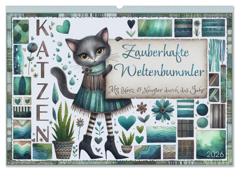 Katzen. Zauberhafte Weltenbummler. Mit Herz und Neugier durch das Jahr. (Wandkalender 2026 DIN A2 quer) CALVENDO Monatskalender