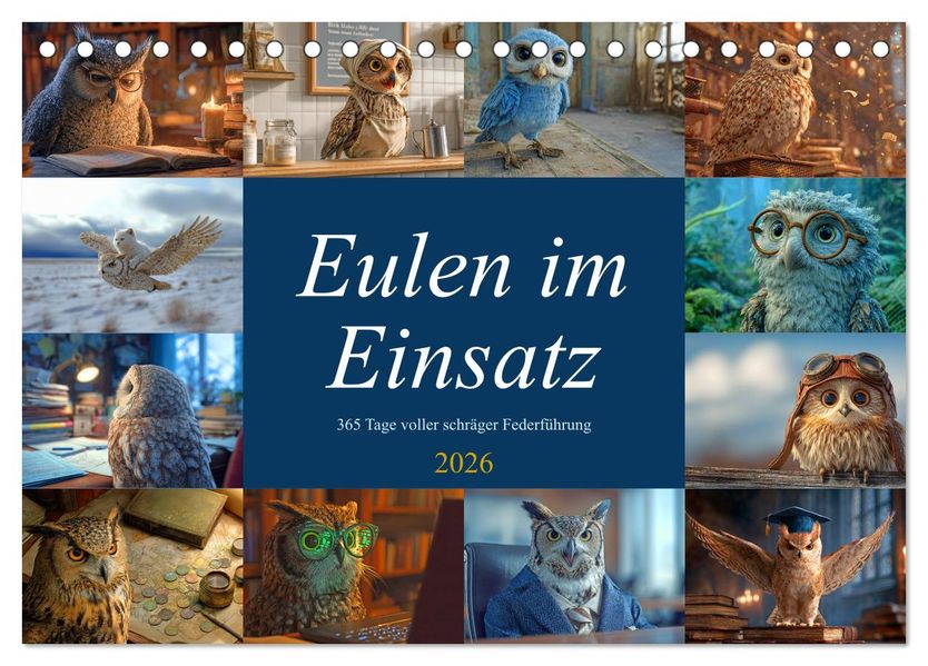 Eulen im Einsatz - 365 Tage voller schräger Federführung (Tischkalender 2026 DIN A5 quer) CALVENDO Monatskalender
