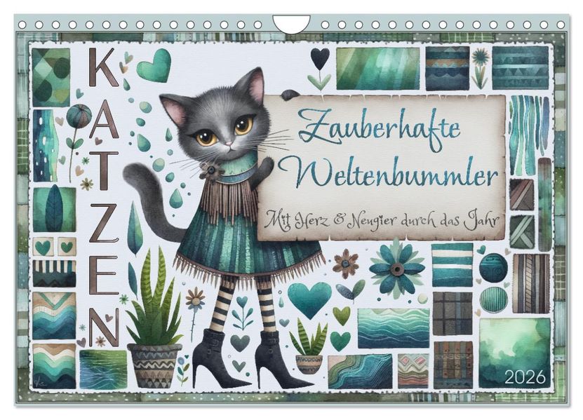 Katzen. Zauberhafte Weltenbummler. Mit Herz und Neugier durch das Jahr. (Wandkalender 2026 DIN A4 quer) CALVENDO Monatskalender