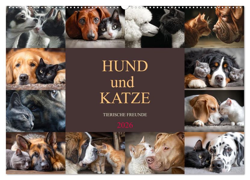 Hund und Katze - Tierische Freunde (Wandkalender 2026 DIN A2 quer) CALVENDO Monatskalender