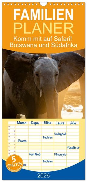 Familienplaner 2026 - Komm mit auf Safari! Botswana und Südafrika mit 5 Spalten (Wandkalender 21 x 45 cm) CALVENDO