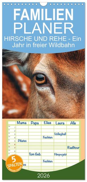 Familienplaner 2026 - HIRSCHE UND REHE - Ein Jahr in freier Wildbahn mit 5 Spalten (Wandkalender 21 x 45 cm) CALVENDO