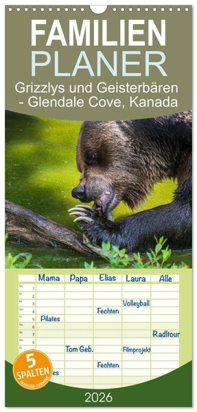 Familienplaner 2026 - Grizzlys und Geisterbären - Glendale Cove Kanada mit 5 Spalten (Wandkalender 21 x 45 cm) CALVENDO