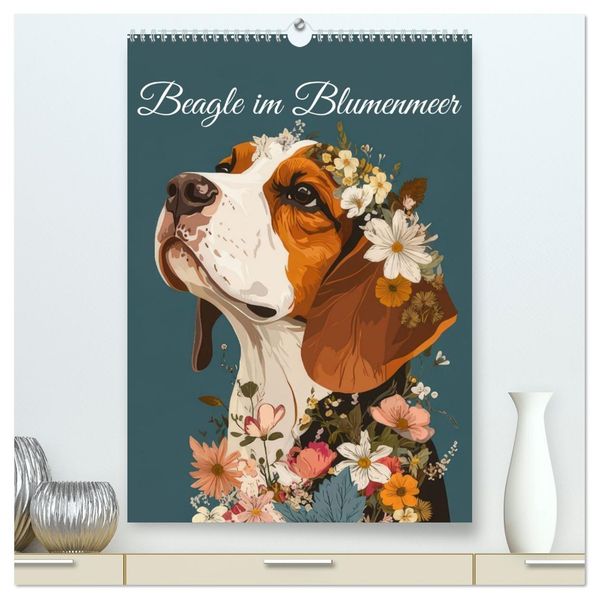 Beagle im Blumenmeer (hochwertiger Premium Wandkalender 2026 DIN A2 hoch) Kunstdruck in Hochglanz