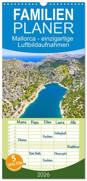 Familienplaner 2026 - Mallorca - einzigartige Luftbildaufnahmen mit 5 Spalten (Wandkalender 21 x 45 cm) CALVENDO