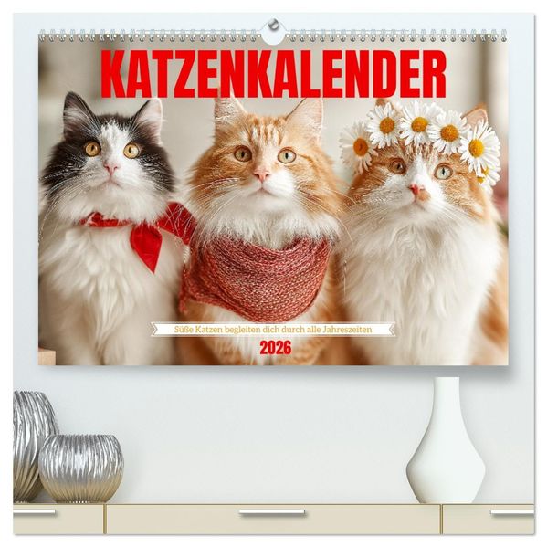 Katzenkalender - Süße Katzen begleiten dich durch alle Jahreszeiten (hochwertiger Premium Wandkalender 2026 DIN A2 quer) Kunstdruck in Hochglanz