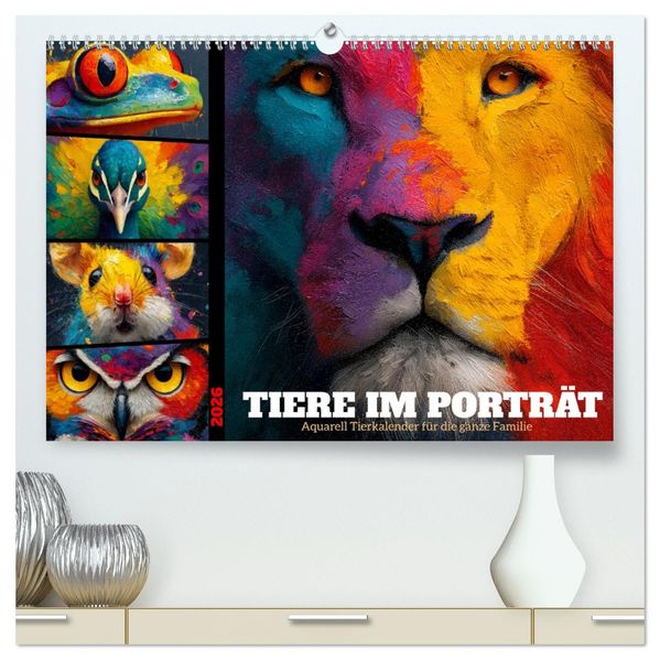 Tiere im Porträt - Aquarell Tierkalender für die ganze Familie (hochwertiger Premium Wandkalender 2026 DIN A2 quer) Kunstdruck in Hochglanz