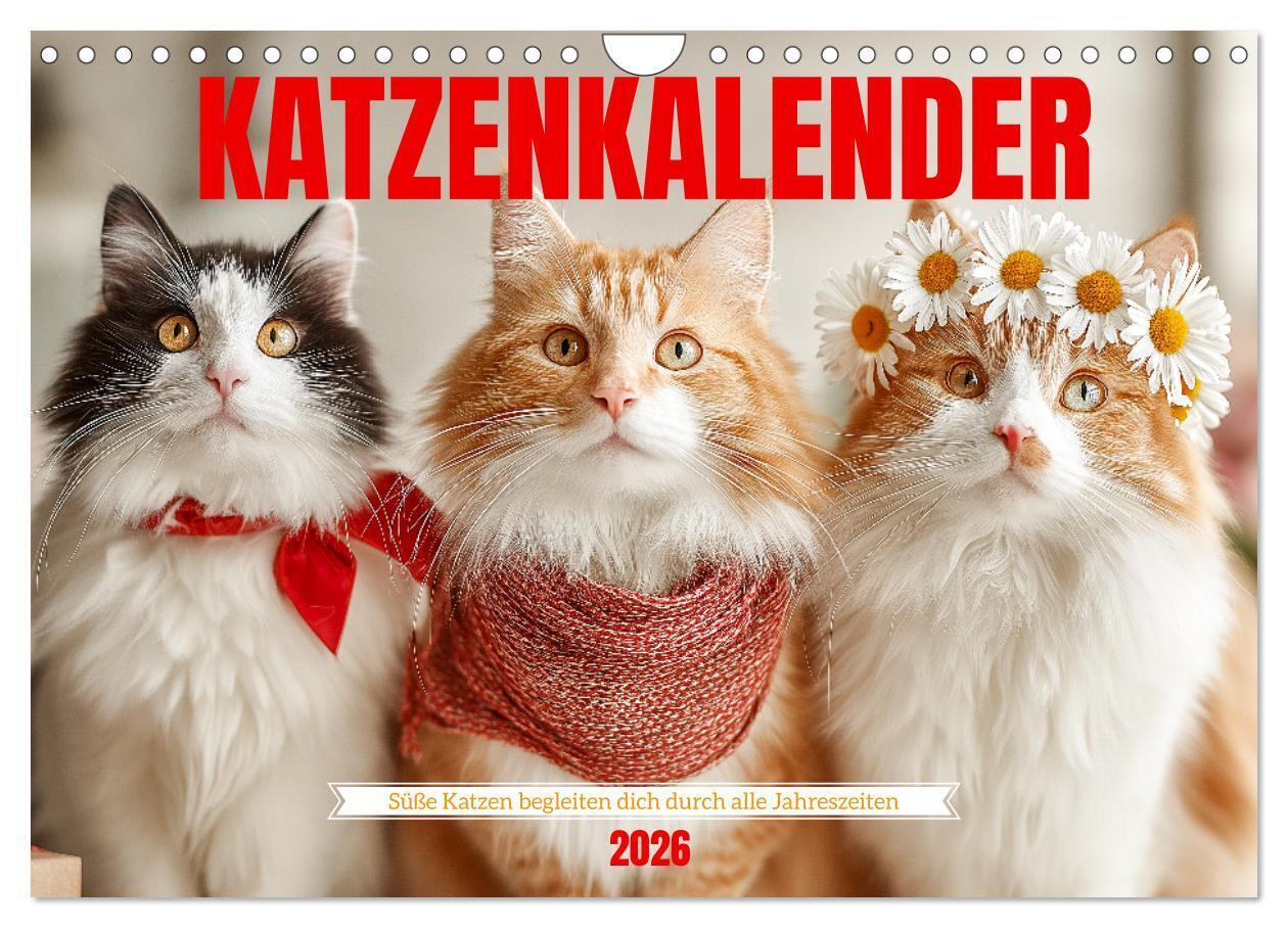 Katzenkalender - Süße Katzen begleiten dich durch alle Jahreszeiten (Wandkalender 2026 DIN A4 quer) CALVENDO Monatskalender