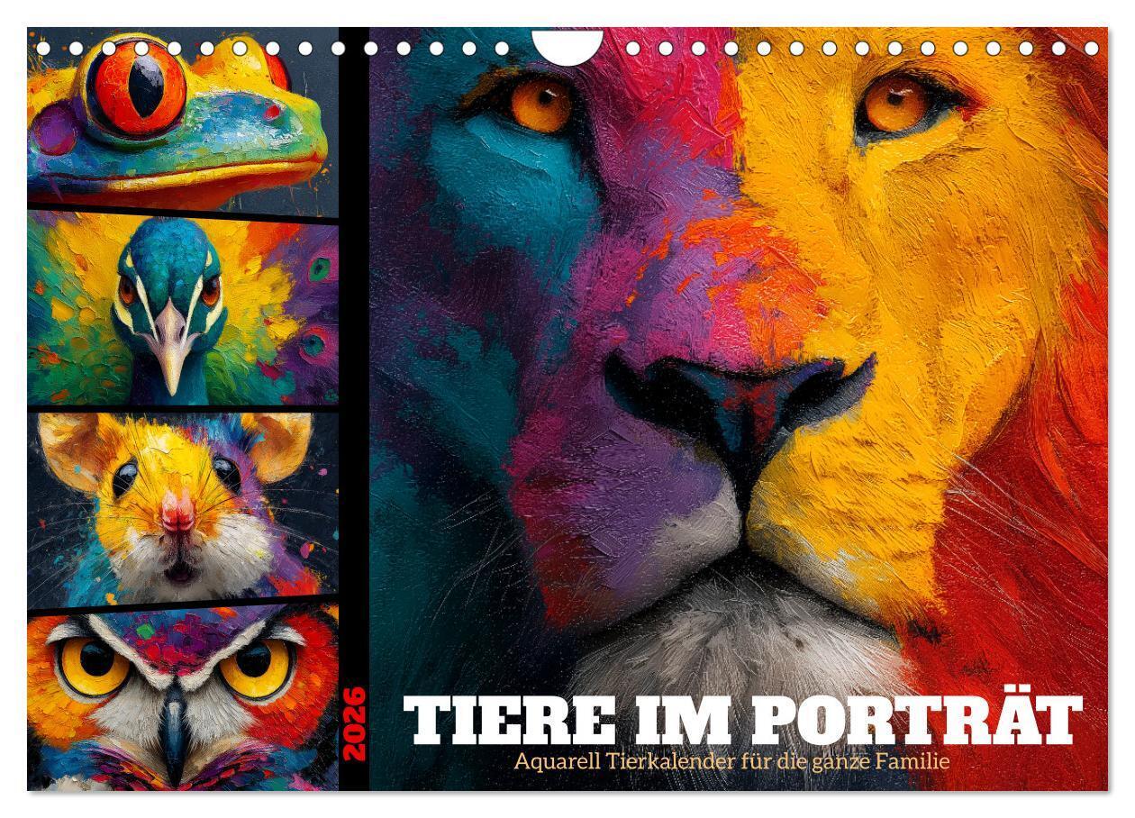 Tiere im Porträt - Aquarell Tierkalender für die ganze Familie (Wandkalender 2026 DIN A4 quer) CALVENDO Monatskalender