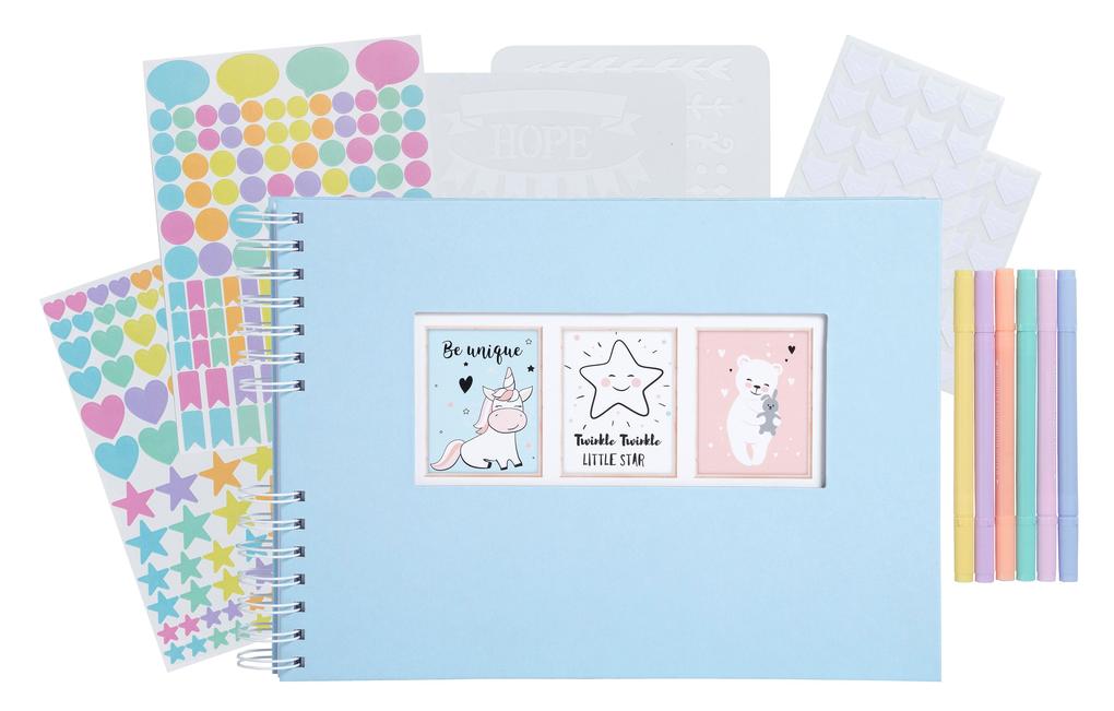 Scrapbooking-Set Fotoalbum mit Spiralbindung 50 Seiten weiß 32x22 cm + Stifte Sticker Schablonen Fotoecken