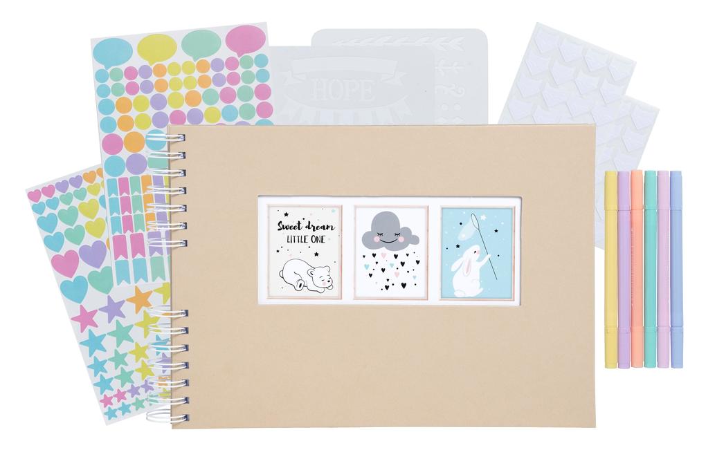 Scrapbooking-Set Fotoalbum mit Spiralbindung 50 Seiten weiß 32x22 cm + Stifte Sticker Schablonen Fotoecken