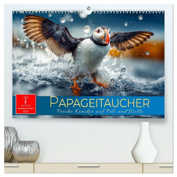 Papageitaucher - Freche Komiker auf Fels und Welle (hochwertiger Premium Wandkalender 2026 DIN A2 quer) Kunstdruck in Hochglanz