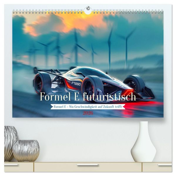 Formel E futuristisch (hochwertiger Premium Wandkalender 2026 DIN A2 quer) Kunstdruck in Hochglanz