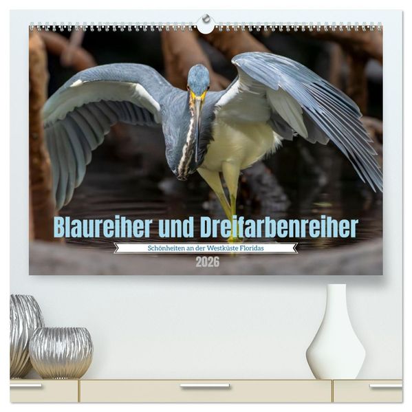 Blaureiher und Dreifarbenreiher (hochwertiger Premium Wandkalender 2026 DIN A2 quer) Kunstdruck in Hochglanz