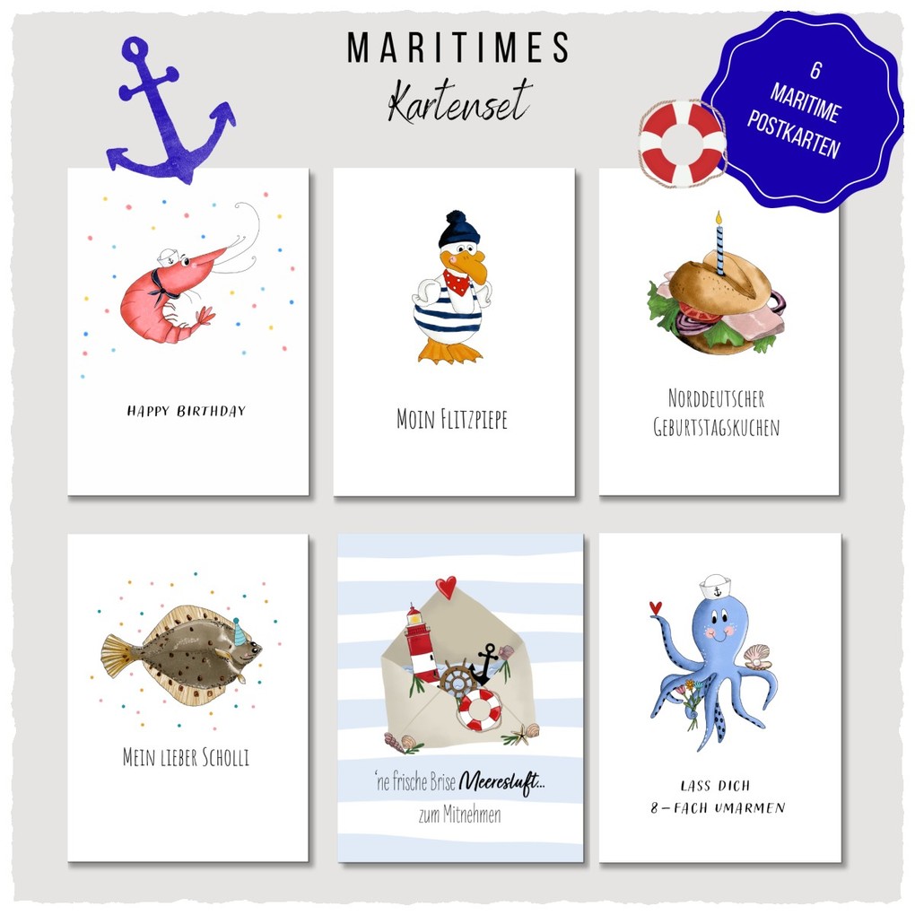 KEITCARDS Postkarten Set Maritim martitime Grußkarten im Set 6 Karten