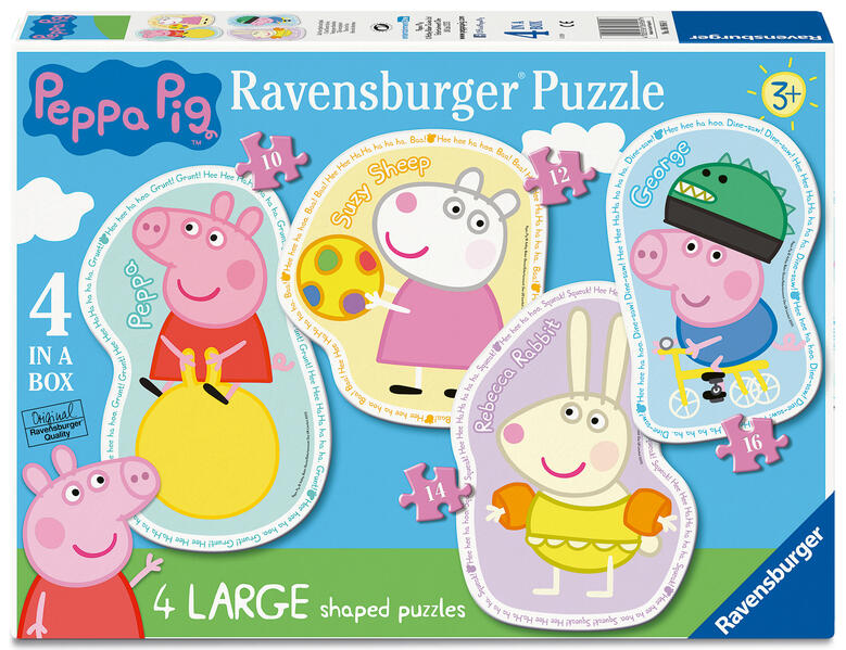 Ravensburger Kinderpuzzle 06956 - Zeit für Spiel und Spaß - 4 konturgeformte Puzzles mit 10 12 14 und 16 großen stabilen Puzzleteilen für kleine Peppa Pig-Fans ab 3 Jahren