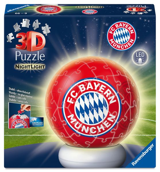Ravensburger 3D Puzzle Nachtlicht FC Bayern München - Puzzle-Ball mit LED Nachtlicht als Nachttischlampe für Kinder ab 6 Jahren