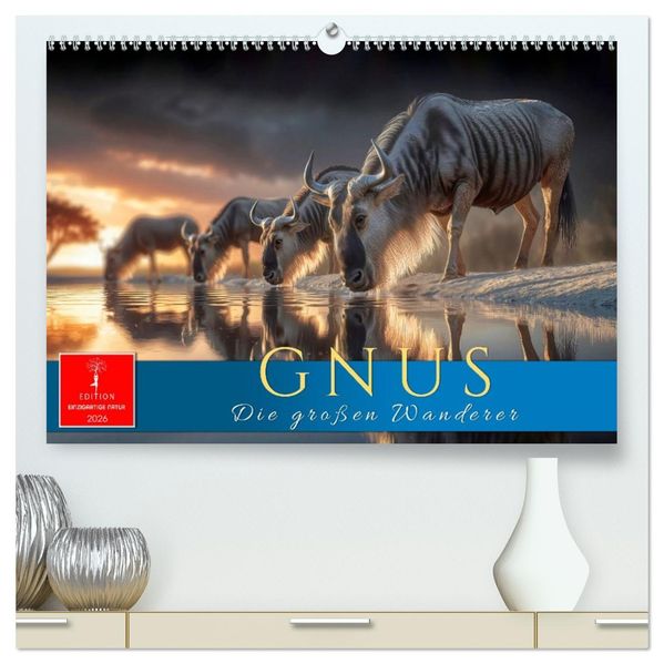 Gnus - die großen Wanderer (hochwertiger Premium Wandkalender 2026 DIN A2 quer) Kunstdruck in Hochglanz