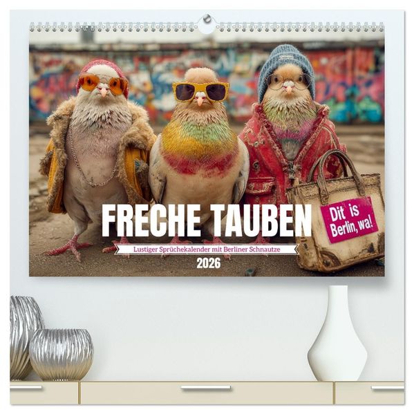 Freche Tauben - Lustiger Sprüchekalender mit Berliner Schnautze (hochwertiger Premium Wandkalender 2026 DIN A2 quer) Kunstdruck in Hochglanz