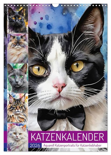KATZENKALENDER - Aquarell Katzenportraits für Katzenliebhaber (Wandkalender 2026 DIN A3 hoch) CALVENDO Monatskalender