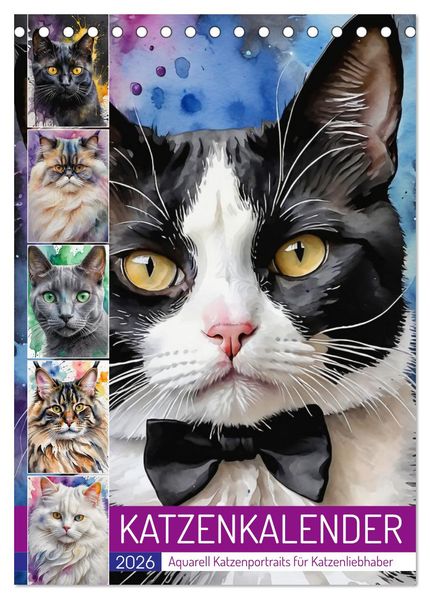 KATZENKALENDER - Aquarell Katzenportraits für Katzenliebhaber (Tischkalender 2026 DIN A5 hoch) CALVENDO Monatskalender