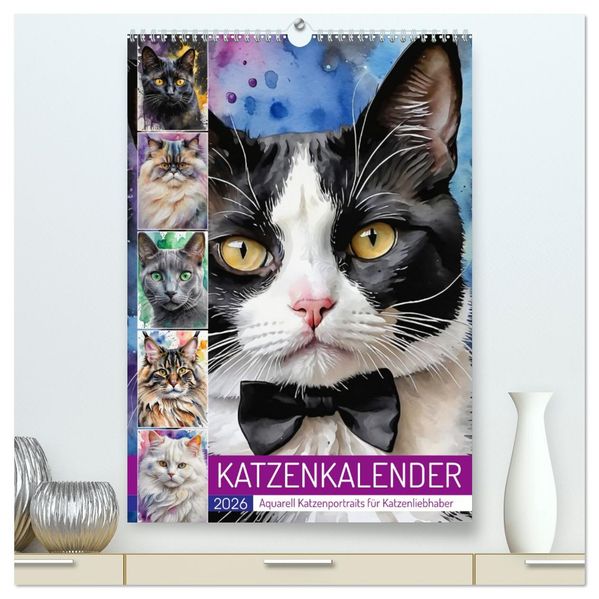 KATZENKALENDER - Aquarell Katzenportraits für Katzenliebhaber (hochwertiger Premium Wandkalender 2026 DIN A2 hoch) Kunstdruck in Hochglanz