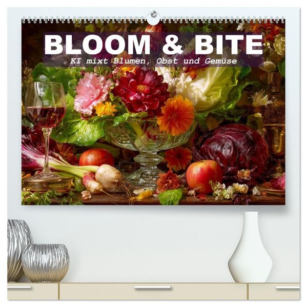 Bloom und Bite. KI mixt Blumen Obst und Gemüse (hochwertiger Premium Wandkalender 2026 DIN A2 quer) Kunstdruck in Hochglanz