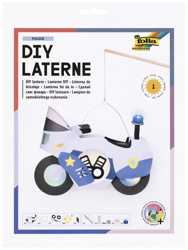 FOLIA Bastelartikel DIY Laterne Polizei Motorrad (POLICE) inkl. 1 LED-Licht 1 LED Blaulicht und Batterien