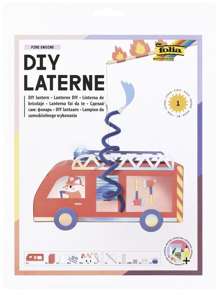 FOLIA Bastelartikel DIY Laterne Fuererwehr Auto (FIRE ENGINE) inkl. 1 LED-Licht 1 LED Blaulicht und Batterien