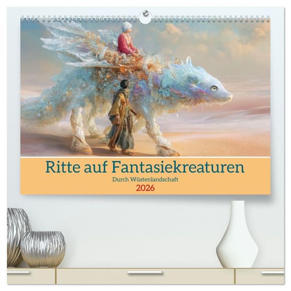 Ritte auf Fantasiekreaturen - Durch Wüstenlandschaft (hochwertiger Premium Wandkalender 2026 DIN A2 quer) Kunstdruck in Hochglanz