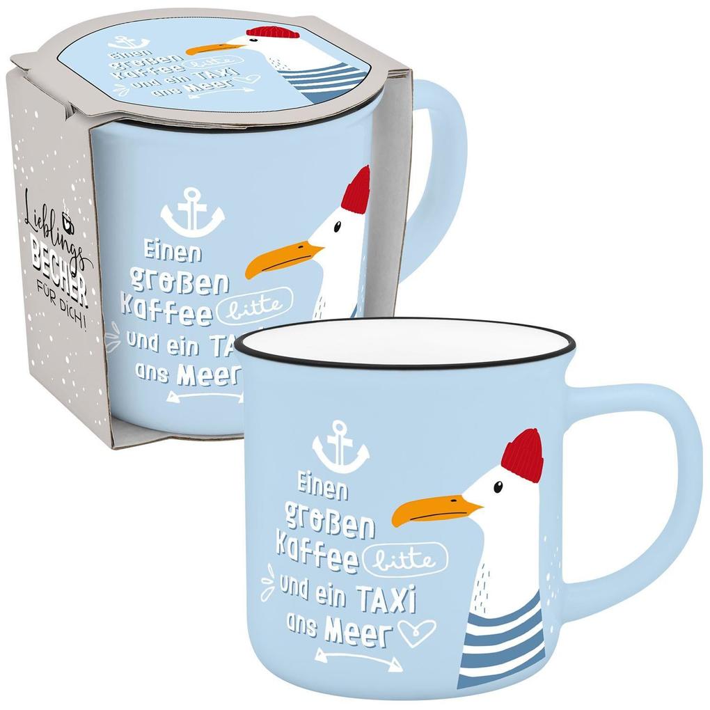 Becher in Emmailoptik 'Einen großen Kaffee bitte und ein Taxi zum Meer'