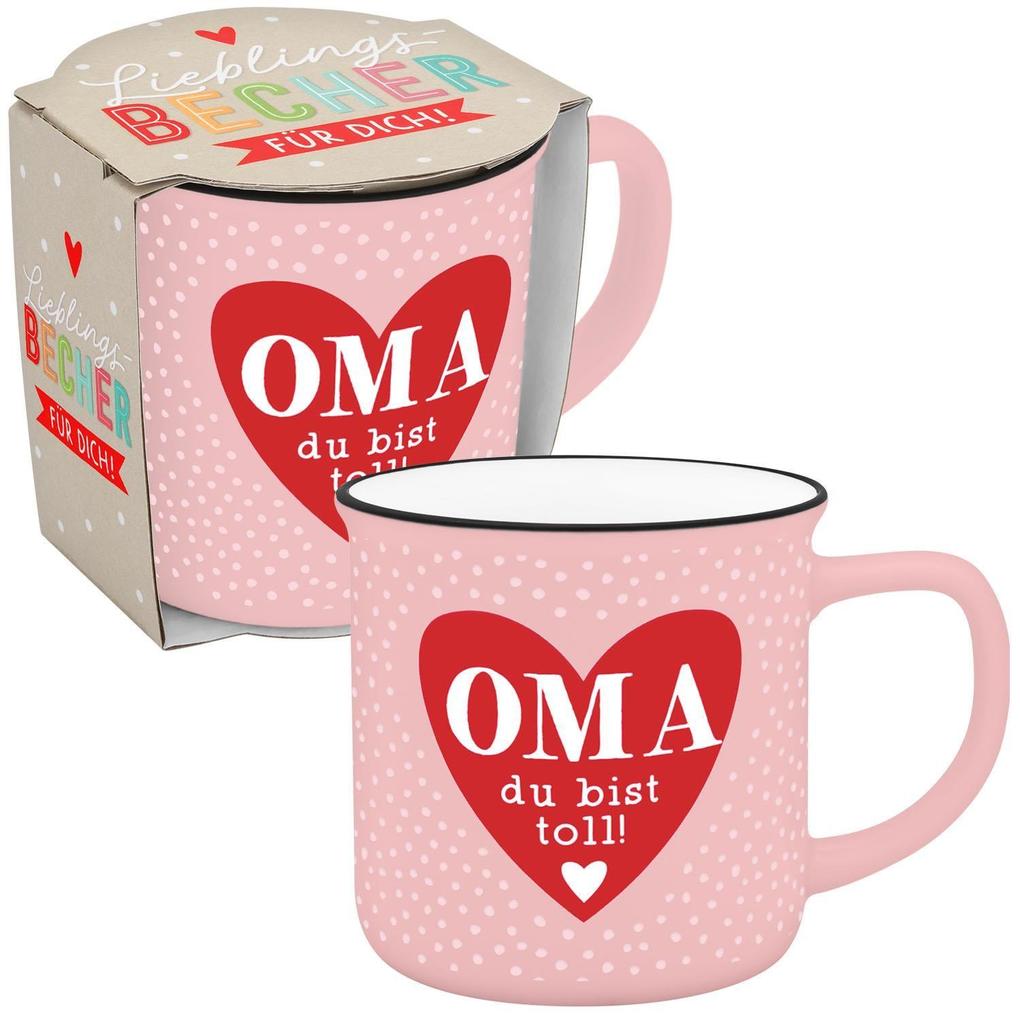 Becher in Emailloptik 'Oma du bist toll!'