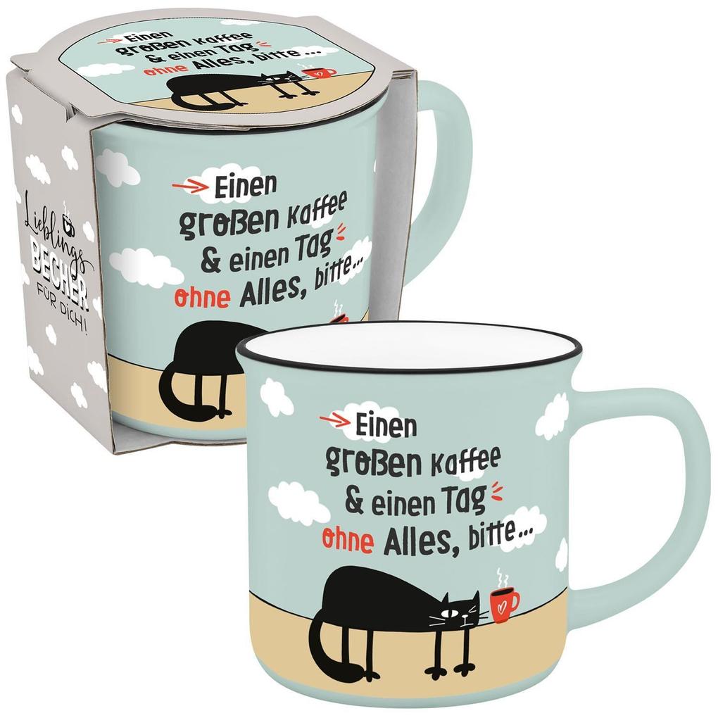 Becher in Emailloptik 'Einen großen Kaffee & einen Tag ohne Alles bitte...'