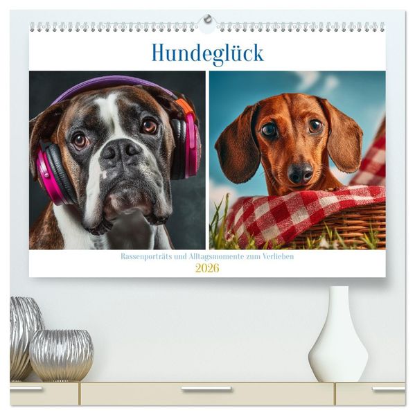 Hundeglück (hochwertiger Premium Wandkalender 2026 DIN A2 quer) Kunstdruck in Hochglanz