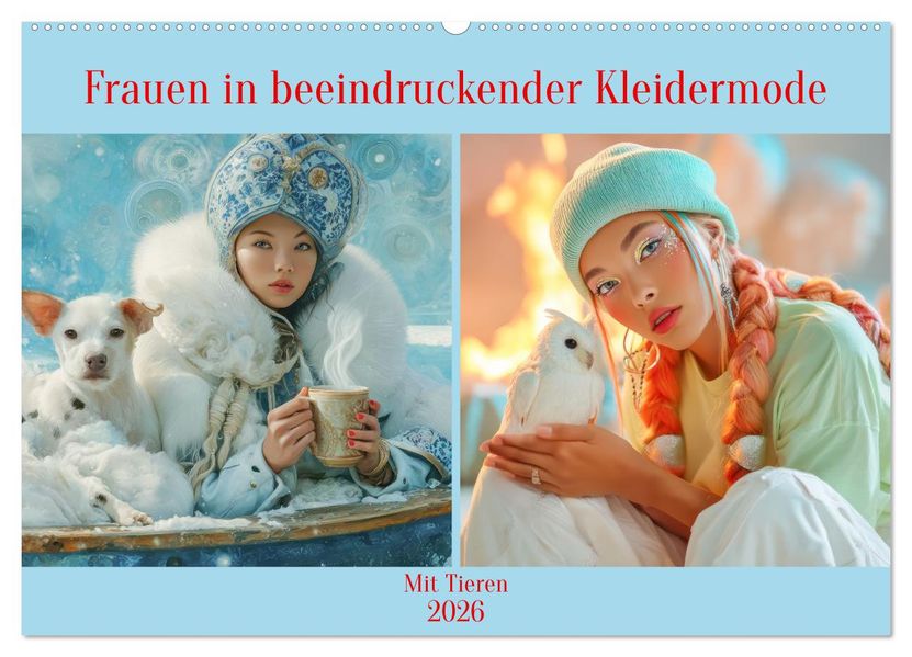 Frauen in beeindruckender Kleidermode - Mit Tieren (Wandkalender 2026 DIN A2 quer) CALVENDO Monatskalender