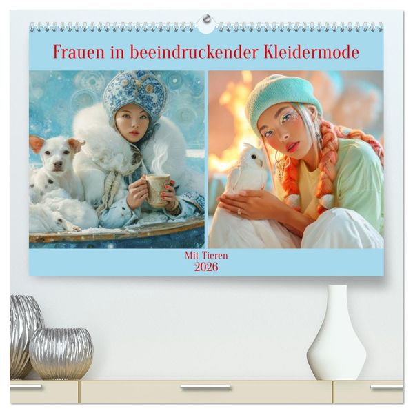 Frauen in beeindruckender Kleidermode - Mit Tieren (hochwertiger Premium Wandkalender 2026 DIN A2 quer) Kunstdruck in Hochglanz
