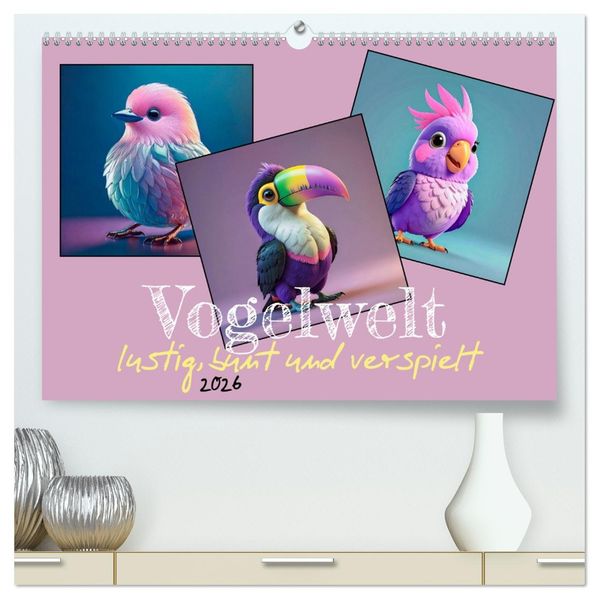 Vogelwelt lustig bunt und verspielt (hochwertiger Premium Wandkalender 2026 DIN A2 quer) Kunstdruck in Hochglanz
