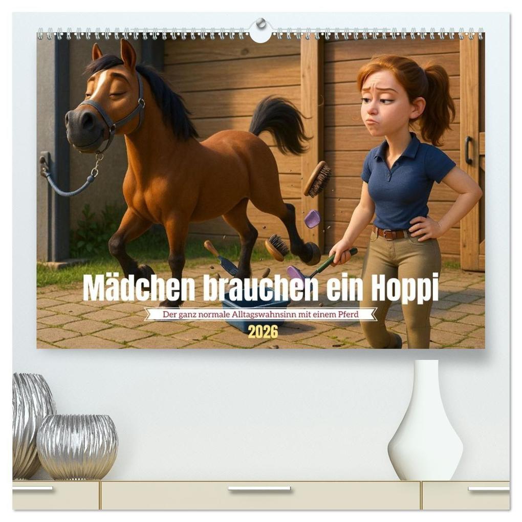 Mädchen brauchen ein Hoppi (hochwertiger Premium Wandkalender 2026 DIN A2 quer) Kunstdruck in Hochglanz