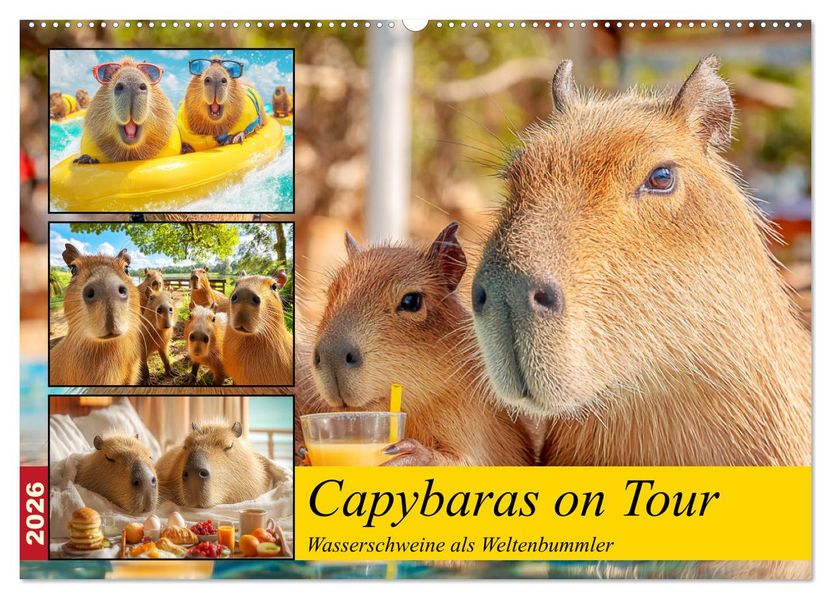 Capybaras on Tour. Wasserschweine als Weltenbummler (Wandkalender 2026 DIN A2 quer) CALVENDO Monatskalender
