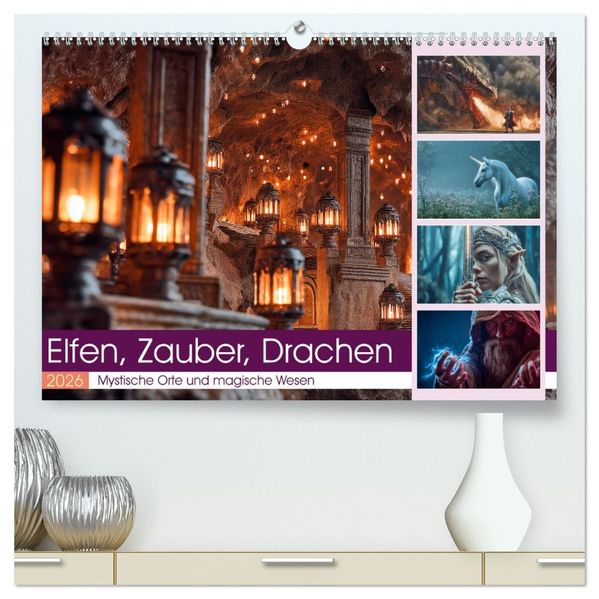 Elfen Zauber Drachen (hochwertiger Premium Wandkalender 2026 DIN A2 quer) Kunstdruck in Hochglanz