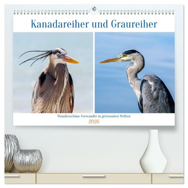 Kanadareiher und Graureiher (hochwertiger Premium Wandkalender 2026 DIN A2 quer) Kunstdruck in Hochglanz